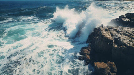 Ocean waves crashing against rocky cliffs creating a dynamic and powerful seascape scene on the coast