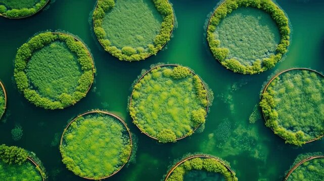 Top-down view of circular algae ponds arranged in a geometric layout over emerald green water. This sustainable biofuel cultivation method reflects ecological harmony and advanced environmental design