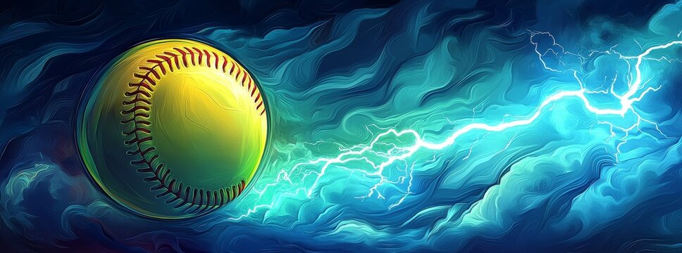 Vibrant depiction of a magic baseball, crafted from leather, set against a backdrop of fiery energy, dynamic movement, and colorful explosions, highlighting exceptional sports performance, alongside
