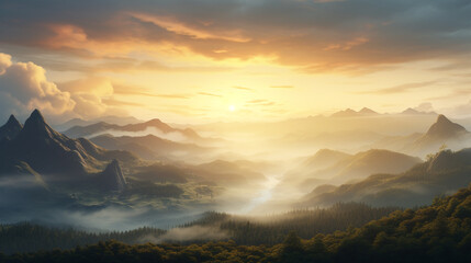 Expansive landscape with mountains and fog at sunrise creating a serene and peaceful atmosphere