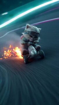 A fierce, animated kitten in racing gear speeds on a go-kart through an explosion of sparks and flames.