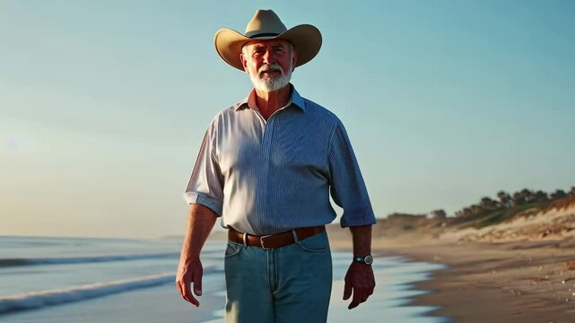 Mature man enjoys a peaceful walk along the beach at sunset, A mature 66 year old man enjoying a walk at the beach in Southern California Slow Motion