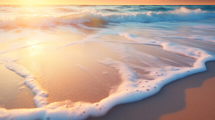 Gentle waves washing ashore on a sandy beach during a warm and colorful sunset evening scene