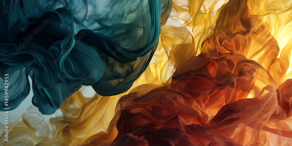 Poster abstract image of flowing teal, gold, and burnt orange fabric creating a dynamic, swirling compositi