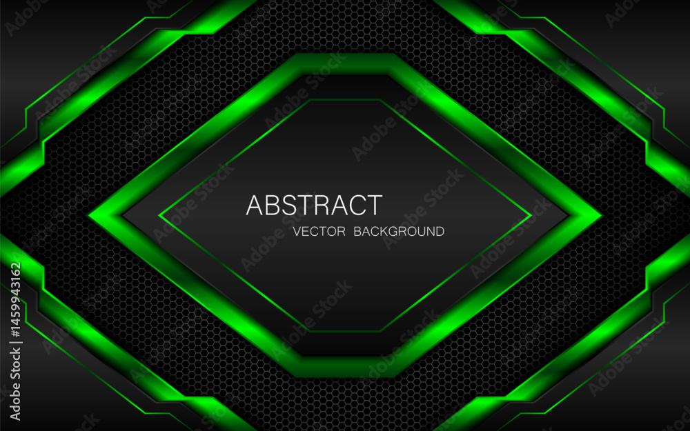 Poster abstract black and green polygon with green glow lines on dark steel mesh background with free space