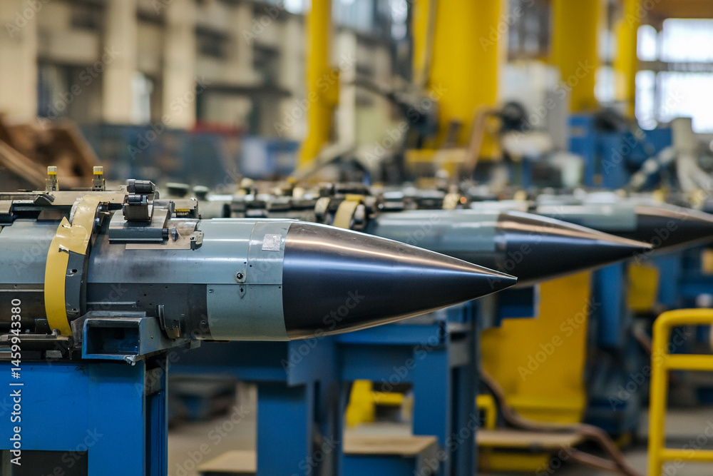 Poster missile manufacturing process in modern weapons factory generative ai
