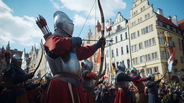 Medieval soldiers in armor aiming with bows and arrows in a city square.