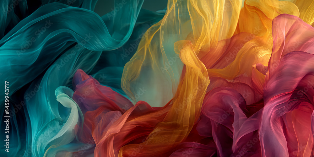 Poster abstract image of flowing, translucent fabric in teal, orange, and maroon hues. the swirling forms c