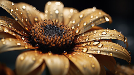 Close up of a golden flower with water droplets on its petals against a dark blurred background
