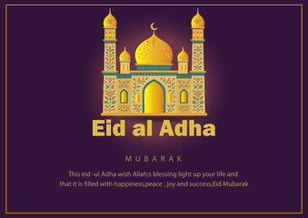 Colorful Eid al-Adha Greeting with Ornate Golden Mosque on Purple Background