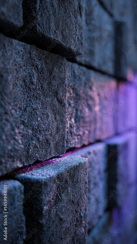 Poster close-up of dark gray textured stone wall, showing rough surface detail a hint of purple light illum