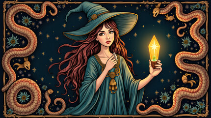 Enchanting witch with lantern and serpents in whimsigothic style amidst a celestial background
