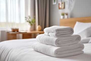 Soft, fluffy white towels neatly stacked on a pristine bed in a cozy, inviting bedroom, illuminated by natural light streaming through large windows, creating a serene atmosphere