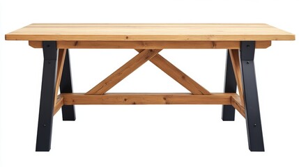 This writing desk embodies contemporary style with its minimalist design, natural oak top, and black metal leg, all showcased against a seamless white background