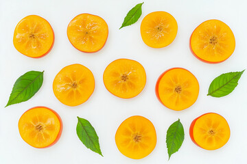 Obraz premium Fresh slices and whole persimmons surrounded by leaves Generative AI