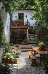 Obraz premium Cozy courtyard garden patio, wooden table, stairs, plants