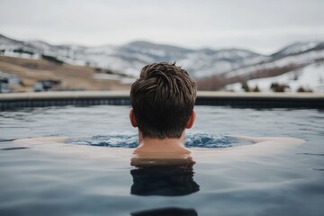 Fototapeta premium Relaxing in a Hot Tub with Mountain View