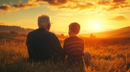 A grandfather and grandson watching the sunset together, sharing wisdom --ar 16:9 --v 6.1 Job ID: ff7e2db9-5f6a-42ba-bcaf-5d0cdb1993fb