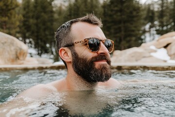 Fototapeta premium Relaxing in a Hot Spring, A Man's Serene Moment in Nature