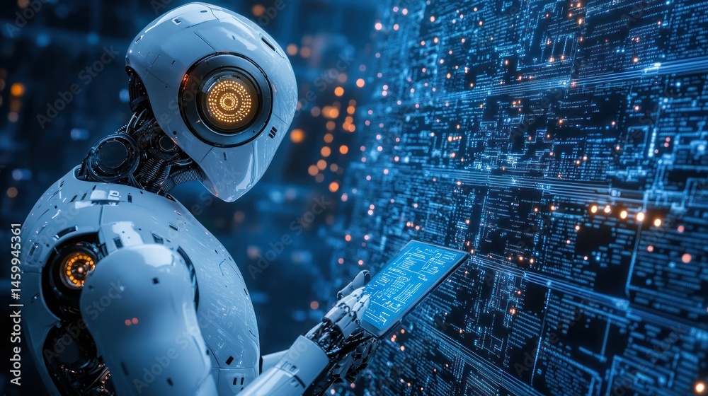 Poster futuristic robot analyzing digital code interface