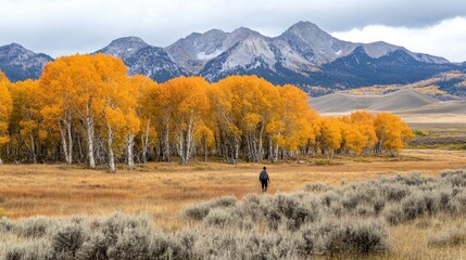 Fototapeta premium Serene autumn plateau scene with a lone hiker facing away. Bursting fall colors and bright warm tones create a stunning contrast against distant peaks.