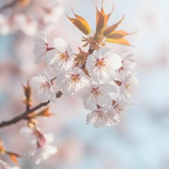 AI-generated close-up of cherry blossoms in full bloom with soft focus background