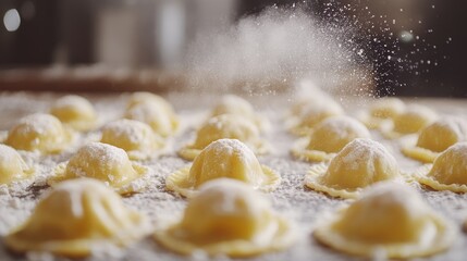 Freshly Made Ravioli Dusted with Flour on a Table, Warm Lighting, Authentic Italian Cuisine,