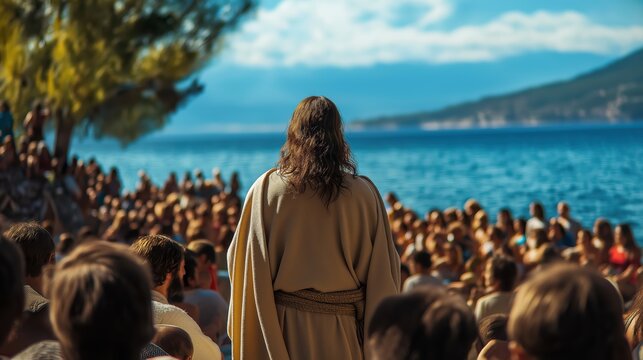Jesus stands on the shore of Galilee, seen from behind, teaching a large crowd gathered before him, under a clear sky with vibrant, natural colors.