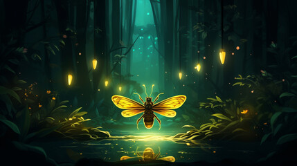 Golden moth hovering over water in a dark forest illuminated by floating lights at night time