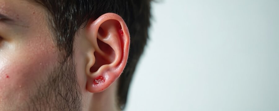 Close-up of injured ear. Wound with visible blood on the ear. Human ear damage. Trauma from fight. Surgery needed. Medical, health care, first aid concept.