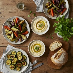 AI-generated top view of a rustic wooden table with bowls of hummus, roasted vegetables