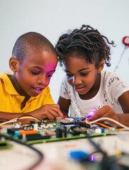 Fototapeta premium Two teens in hoodies, girl and boy with dark skin, build circuit with wires and microchips at school, tools and LEDs, STEM project.