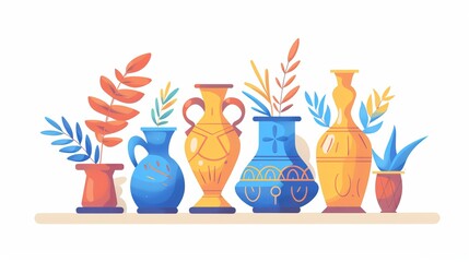 Poster with ancient vases for International Museum Day May 18 Flat vector isolated design