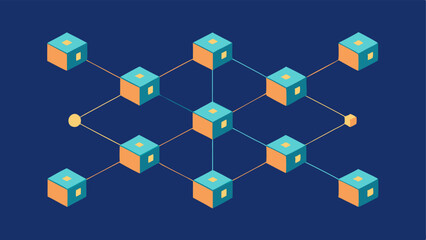Distributed Ledger A series of parallel lines with blocks floating above them each block showing random alphanumeric codes portraying the concept of a distributed ledger.