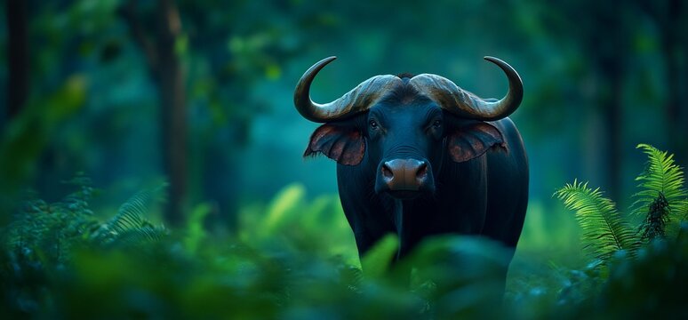 Mystical gaur portrait amidst the dense foliage of the lush forest