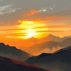 Obraz premium Vibrant sunset over a majestic mountain range, painted with warm oranges and yellows, casting long shadows.