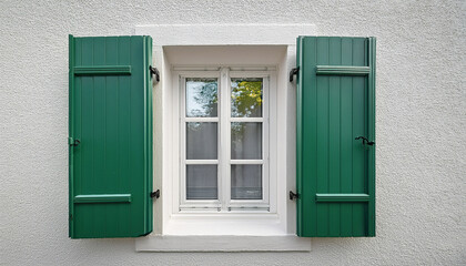 Fototapeta premium elegant white window with green shutters framed by a simple wall