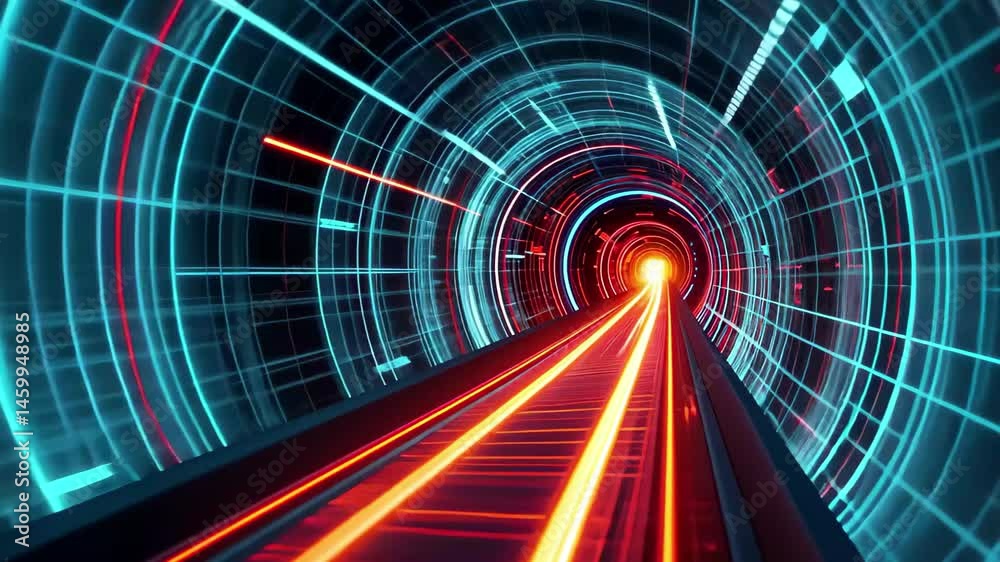 Poster neon digital tunnel with vibrant shapes moving rapidly, neon digital tunnel over shapes moving