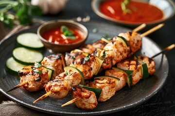 grilled paprika chicken skewers paired with zucchini slices and smooth aioli sauce, combining grilled textures and creamy dip in one flavorful dish