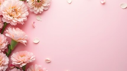 Fototapeta premium Delicate Carnation Flowers on Pastel Pink Background with Floral Border