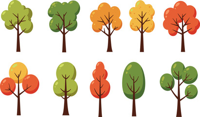 Fototapeta premium Simple tree. Flat green forest. Naive botanical garden plant with leaves, crown, trunk. Park foliage trees. Nature scene. Eco-friendly green graphics. Forests silhouette