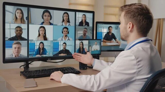A doctor conducts telehealth patient private, digital consultation room. virtual support group members join video call, experiences, emotional support, advice gender transition. community