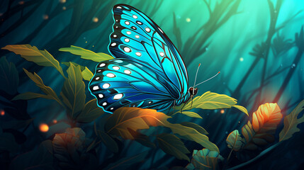 A vibrant blue butterfly with white spots perched on green leaves in a dreamy forest setting
