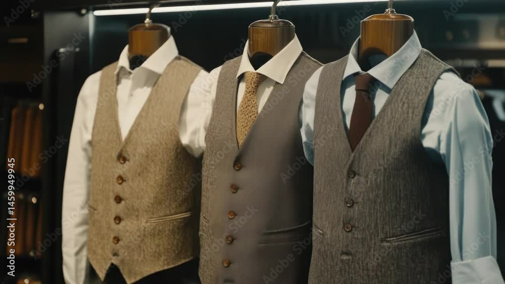 Aufkleber Row of men's vests displayed in a store for customers to try on and purchase
