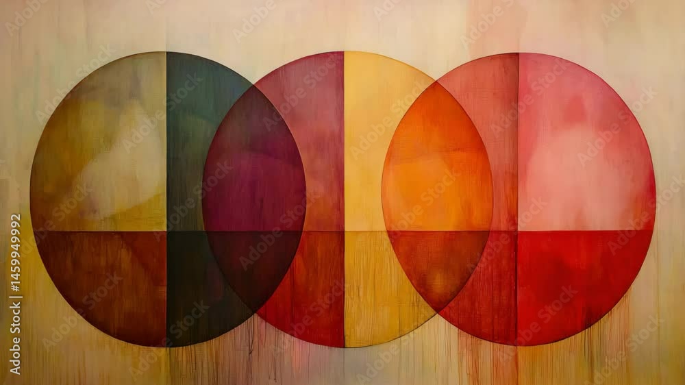 Wall mural three colorful circles mounted on a wall with unique textures and vibrant hues creating visual inter