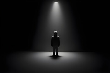 Obraz premium Lonely character standing under spotlight in dark room