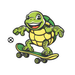 Cartoon Turtle on Skateboard Playing with Soccer Ball Isolated on Transparent Background