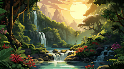 Lush jungle landscape with waterfalls, tropical plants, and a bright sun setting in the background