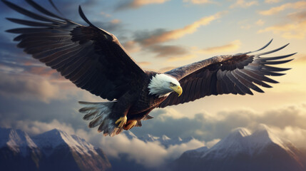 Bald eagle flying over mountains with wings spread wide against a cloudy sky at sunset time