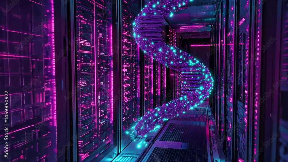 Poster dna strands integrated with data processing visualized in a modern server room environment, dna stra